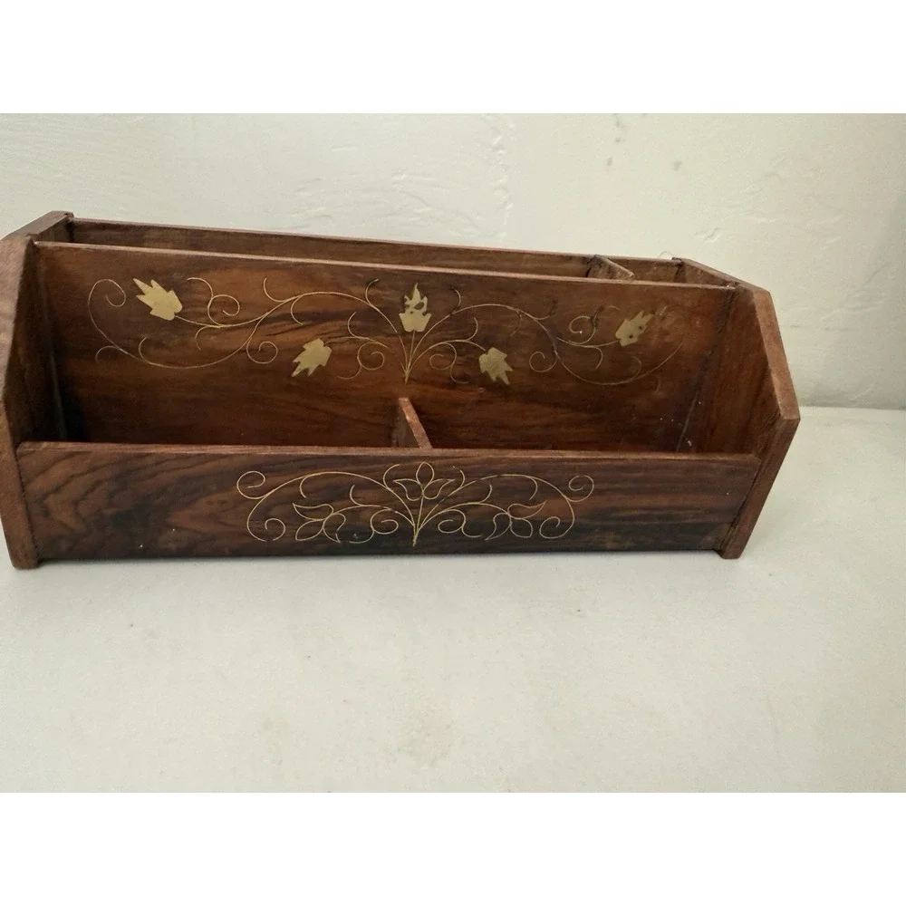 Vintage Wood Desk Organizer Brass Inlay Letter Holder Mail Sorter Paper Caddy